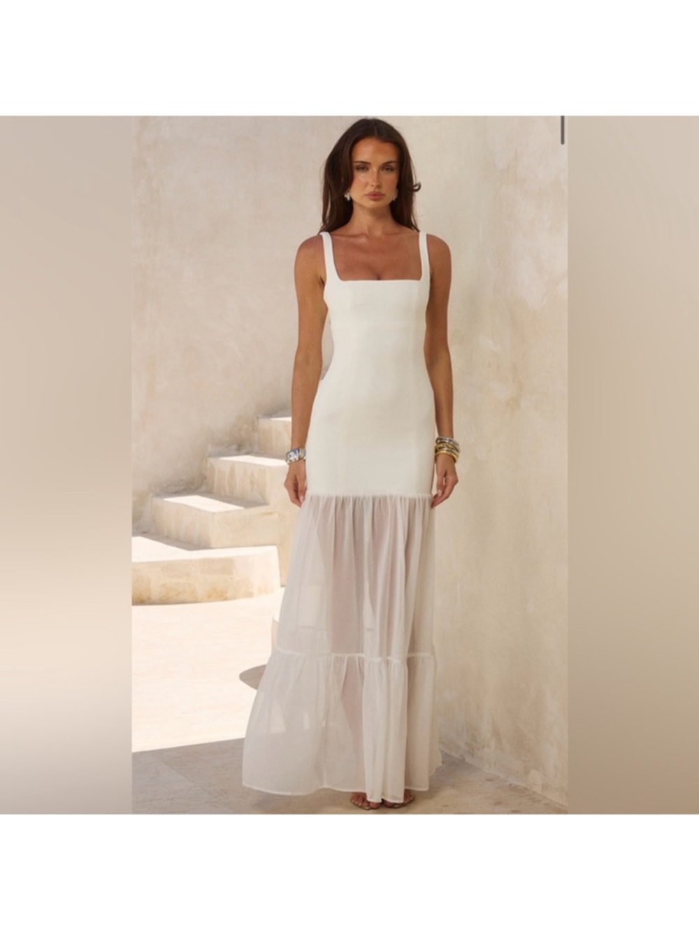 White Square-Neck Maxi Dress with Sheer Tiered Hem